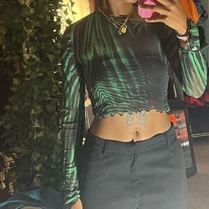 PLT Green and Black Mesh Asymmetrical Crop Top